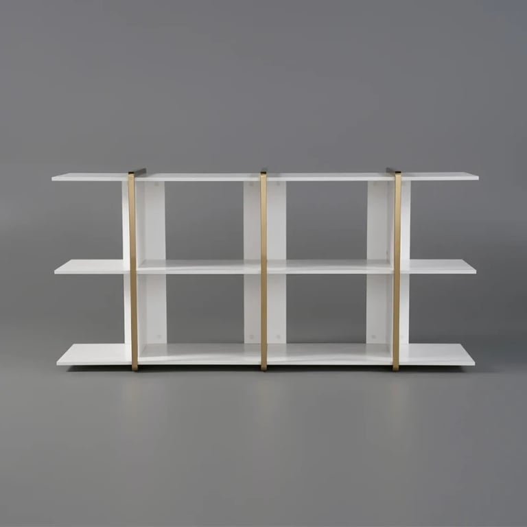 Vionna Low Display Shelf – White Wood with Gold Accents