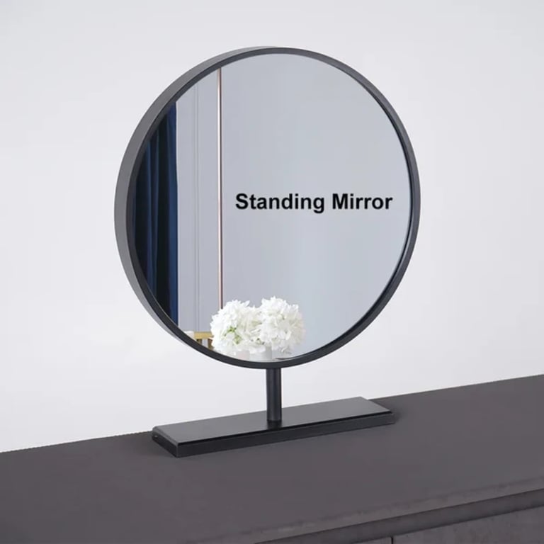 Enigma Vanity with Round Mirror and Elegant Chair – Natural Wood