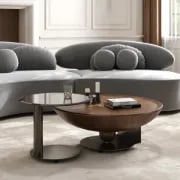 صورة طقم طاولات أوربيتا – تصميم وعاء من الخشب الطبيعي مع طاولة جانبية زجاجية