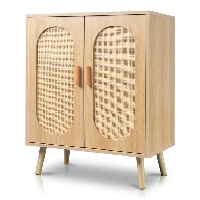 Rubena – Natural Wood Shoe Cabinet with Rattan Front