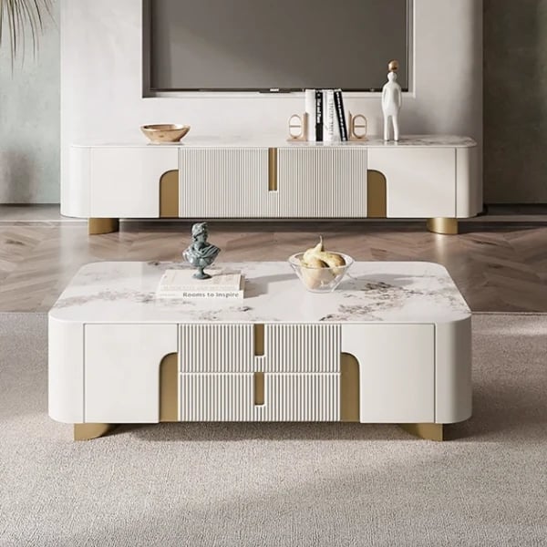 Élivane – Coffee Table & TV Unit Set with Marble and Gold Accents