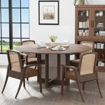 Ravina – Round Dining Table Set with Chairs | Natural Wood & Rattan
