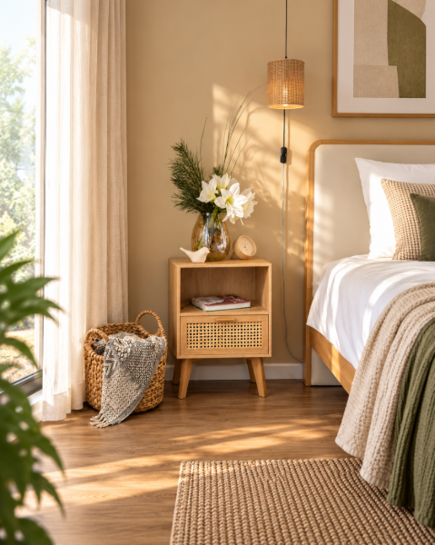 Liora Natural Wood Bedside Table – Open Shelf & Woven Drawer