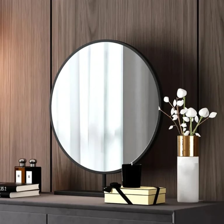 Enigma Vanity with Round Mirror and Elegant Chair – Natural Wood
