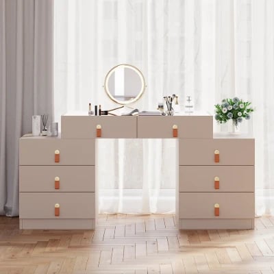 Verona Vanity Set – Dual Natural Wood Storage Cabinets with Elegant Glass Top and Organizer