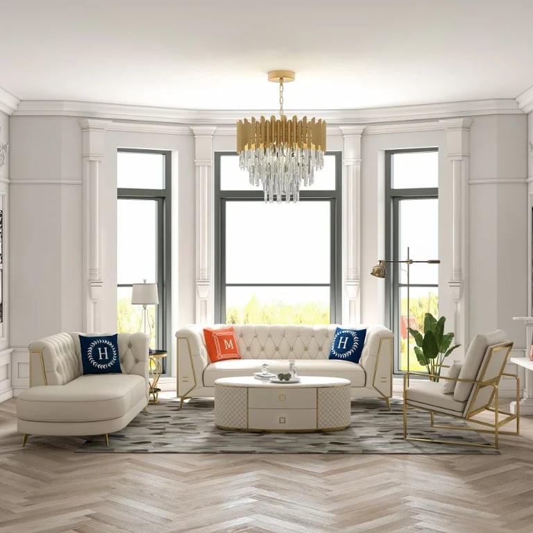 Versailles – Elegant Sofa Set with 2 Couches, Armchair & Coffee Table with Gold Accents