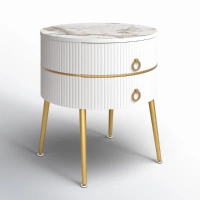 Midwest Round Side Table with Marble-Effect Top – Natural Wood