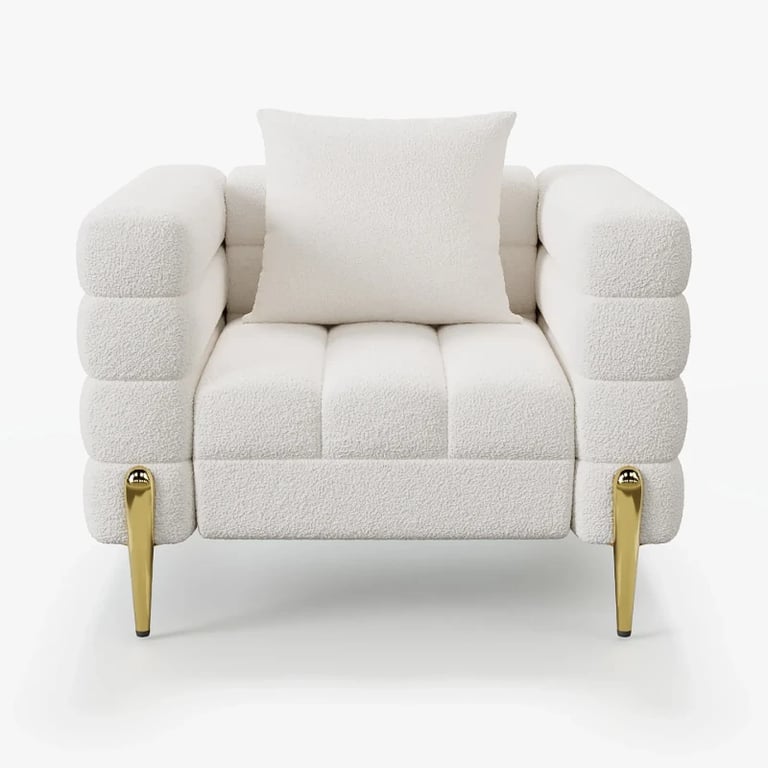 Amélis– Modern Natural Wood Sofa Set with Armchair and Ottoman, Golden Legs