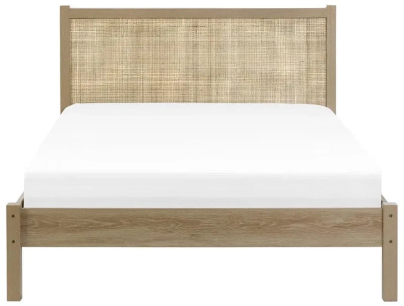 Arello Natural Wood Bed – Rattan Headboard