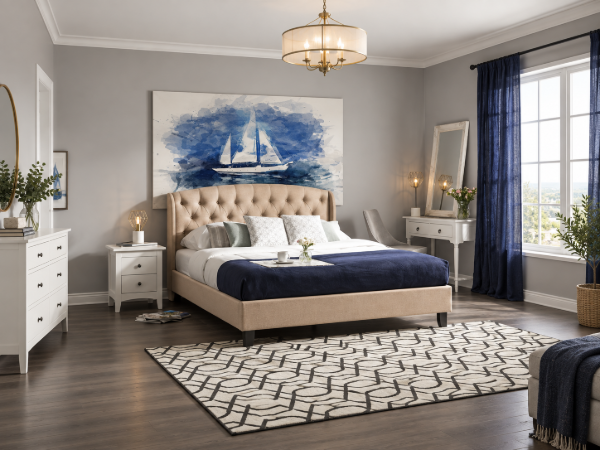 Picture of Belgrado Elegant Upholstered Bed – Tufted Square Padded Headboard