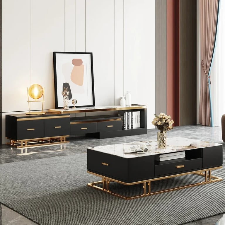 Nocturne – TV Unit and Coffee Table Set in Natural Wood with Gold Stainless Steel Accents and Marble-Look Top