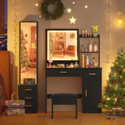 صورة طاولة مكياج مع مرآة مضاءة خشب طبيعى-صن كراون