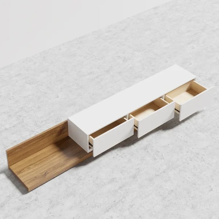 صورة وحدة تلفزيون لوناۤرا قابلة للتوسيع – خشب طبيعي مع 3 أدراج تخزين