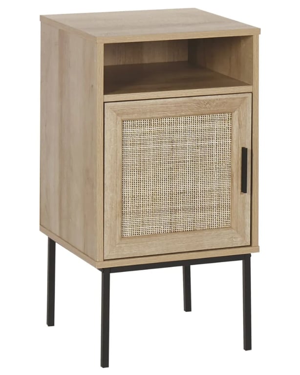 Calvia – Natural Wood Bedside Table with Tall Design & Woven Door