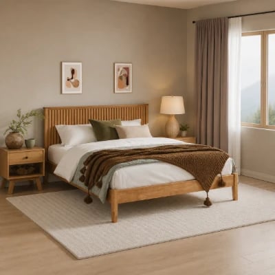 Arden Natural Wood Bed – Vertical Slat Headboard