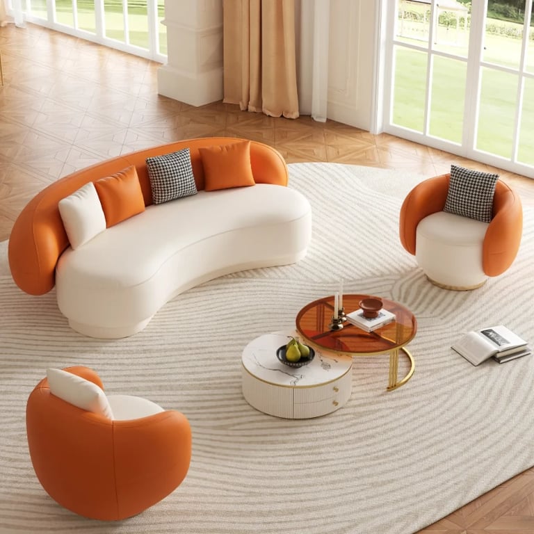 Aurélie Sofa Set – Curved Sofa & 2 Armchairs with Modern Design and Swivel Base