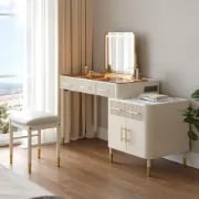 Velona Vanity Set – Natural Wood with Glass & Marble-Look Surfaces, LED Mirror & Chair