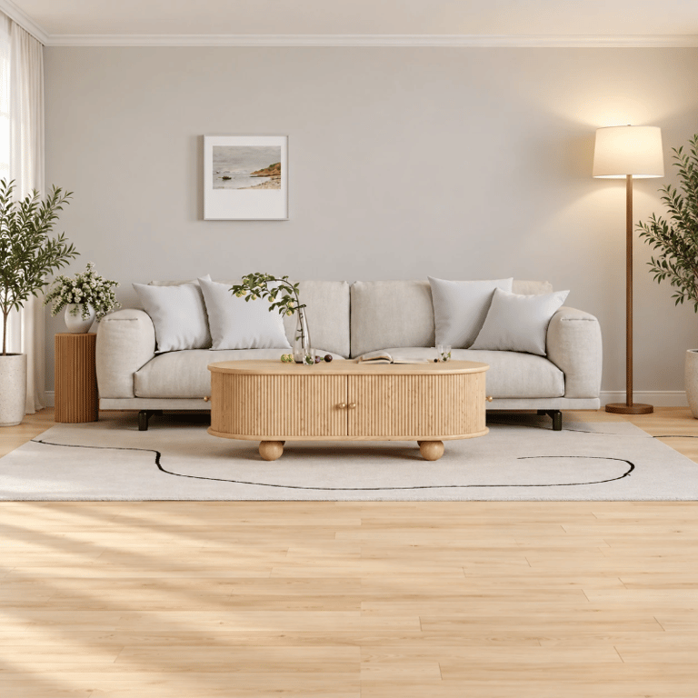 Tondo Oval Coffee Table – Natural Wood with Storage & Round Legs
