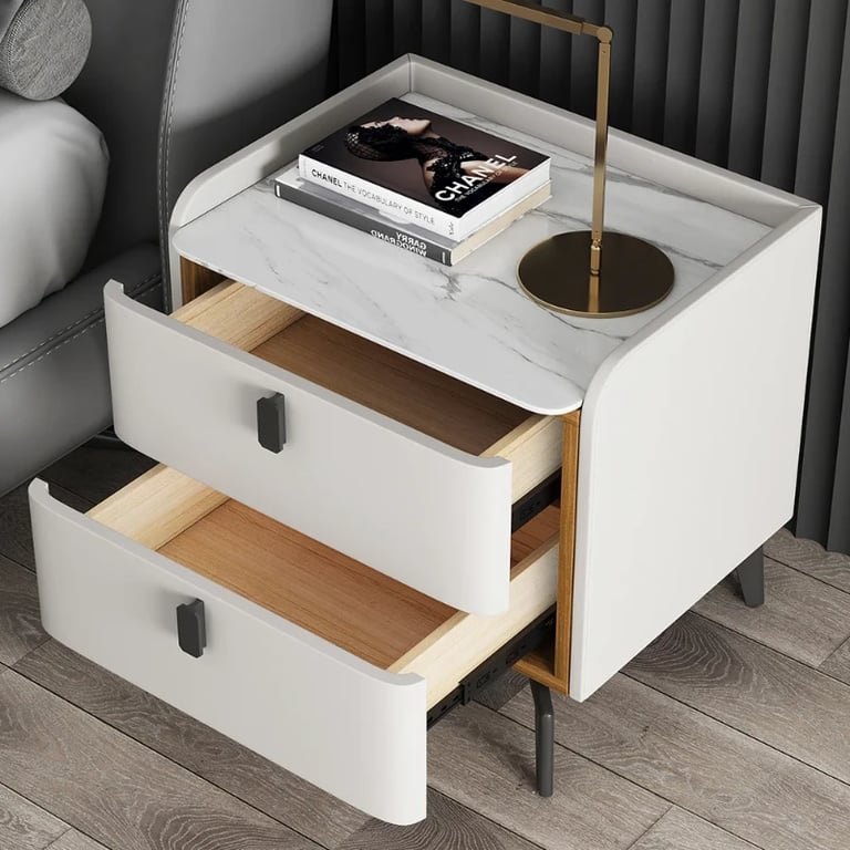 Terryé Nightstand – Natural Wood Design with Faux Marble Top