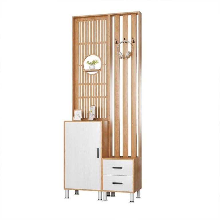 Lirven – Natural Wood Entry Divider Cabinet with Hooks and Storage Drawers