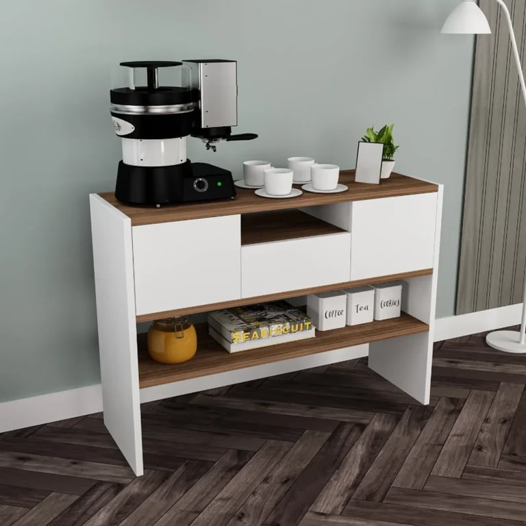 Arlen Coffee Corner Cabinet – White & Natural Wood Open Storage Design