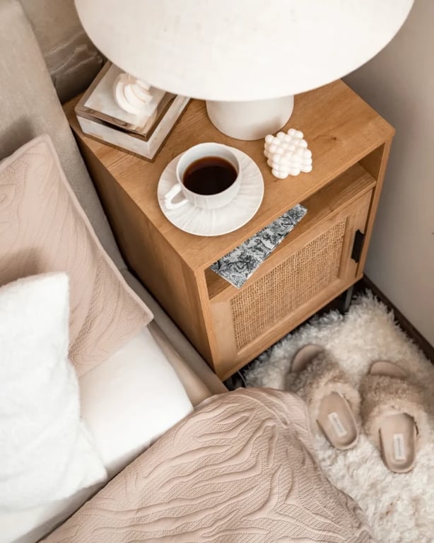 Calvia – Natural Wood Bedside Table with Tall Design & Woven Door