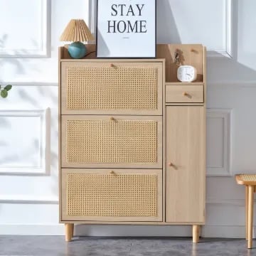 Ravelle - Natural Wood Shoe Cabinet with Rattan Front