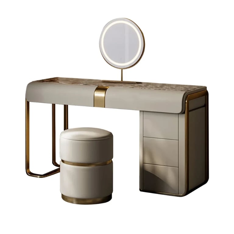 Amoura Vanity Set – Natural Wood with Matching Pouf, LED Mirror & Marble-Look Top