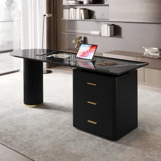 Zavello – Natural Wood Executive Desk with Marble-Look Surface & Gold Accent