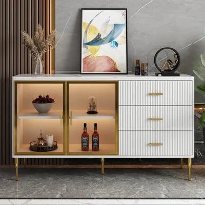 Klamf Sideboard – Natural Wood with Glass Doors and Golden Accents