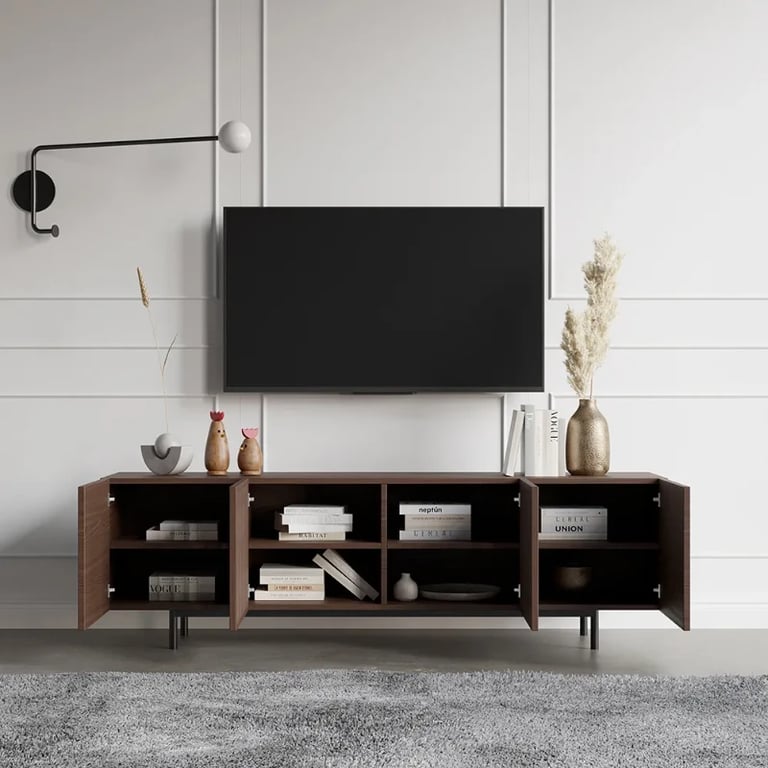 Japandi Slatted Media Console Wood TV Stand in Walnut with Shelves