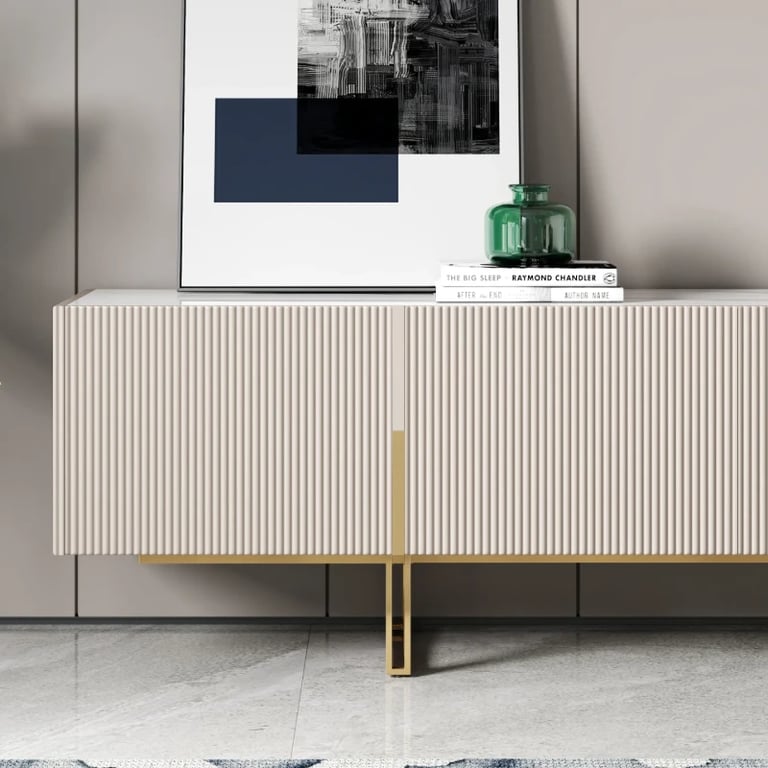 Élory - Natural Wood TV Stand with Stainless Steel Legs & Marble-Look Top