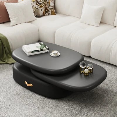 Eclipse – Oval Tiered Coffee Table made of Natural Wood with Rotating Top and Hidden Storage
