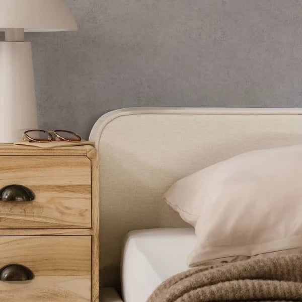 Noa Upholstered Bed with Natural Wood Base