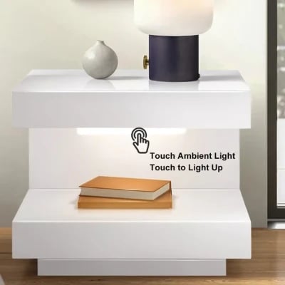 Vens Nightstand – Single Drawer with LED Light and Natural Wood Frame