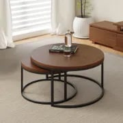 Noctis – Natural Wood TV Stand with Round Coffee Tables