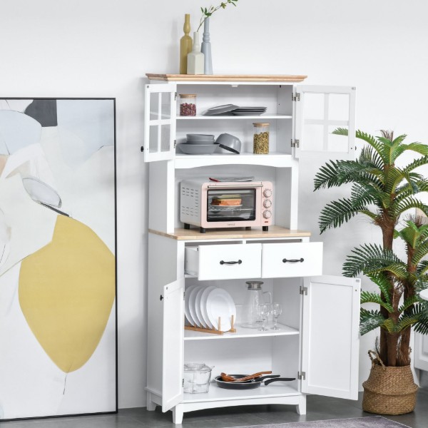 Costa Kitchen Hutch Compact Storage Cabinet with Glass Doors - Natural Wood