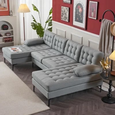 صورة جيڤارا كنبة ركنية على شكل يو– 3 قطع بقاعدة من الخشب الطبيعي