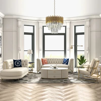 Versailles – Elegant Sofa Set with 2 Couches, Armchair & Coffee Table with Gold Accents