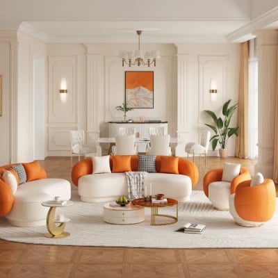 Aurélie Sofa Set – Curved Sofa & 2 Armchairs with Modern Design and Swivel Base