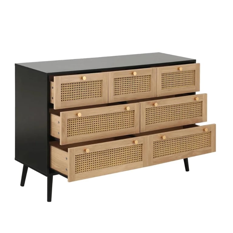 Rivena – Natural & Black Rattan 6-Drawer Wide Chest