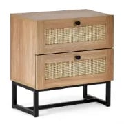 Mira Side Table – Natural Wood with Two Rattan Drawers and Elegant Black Metal Base