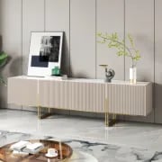 Élory - Natural Wood TV Stand with Stainless Steel Legs & Marble-Look Top