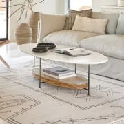 Elaris – Oval Coffee Table with Two Layers | Natural Wood & Marble Alternative