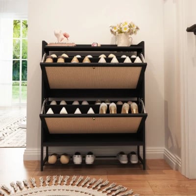 Cliera – Natural Wood & Rattan Shoe Storage Cabinet