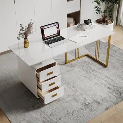 Picture of Jivar – Natural Wood Desk with White & Gold Finish and Castor Feet