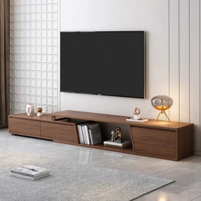 Noctis – Natural Wood TV Stand with Round Coffee Tables