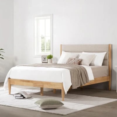 Mason – Upholstered Bed with Natural Wood Frame