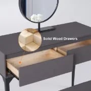 Enigma Vanity with Round Mirror and Elegant Chair – Natural Wood