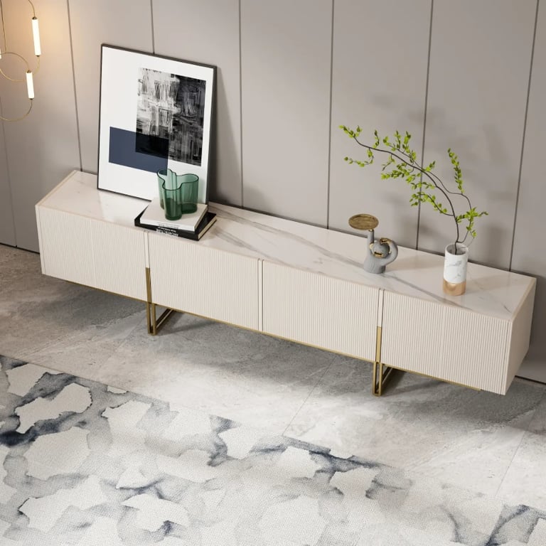 Picture of Valente Natural Wood TV Stand – Brass Base & Fluted Doors